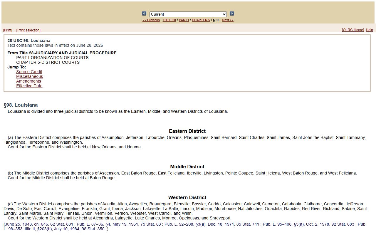 West Feliciana Parish Clerk of Court records 28 U.S.C. 98 federal district