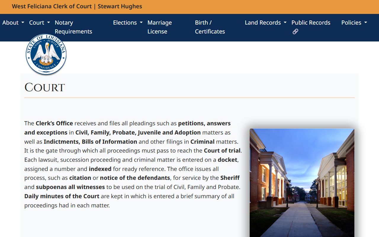 West Feliciana Parish court records Clerk court filing page