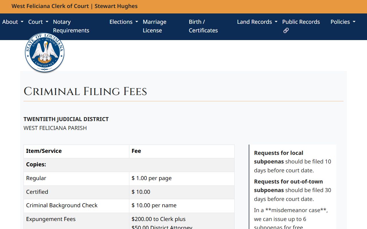 West Feliciana Parish criminal court records Clerk criminal filing fees
