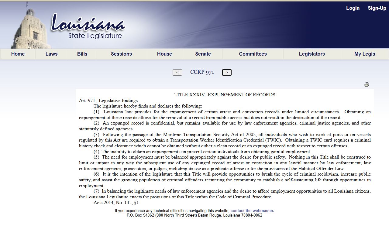 West Feliciana Parish criminal court records Louisiana expungement Article 971