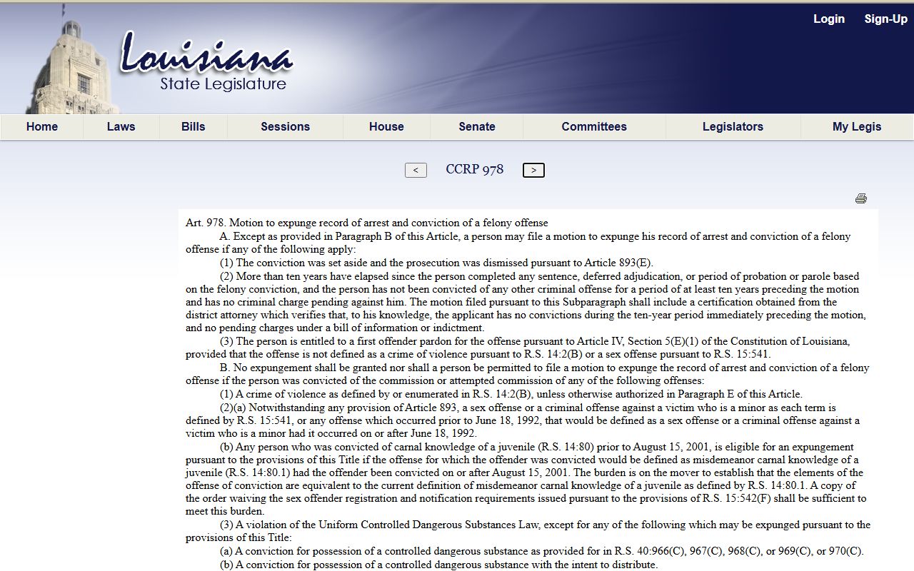 West Feliciana Parish criminal court records Louisiana expungement Article 978