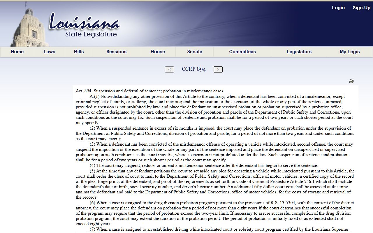 West Feliciana Parish criminal court records Louisiana Article 894