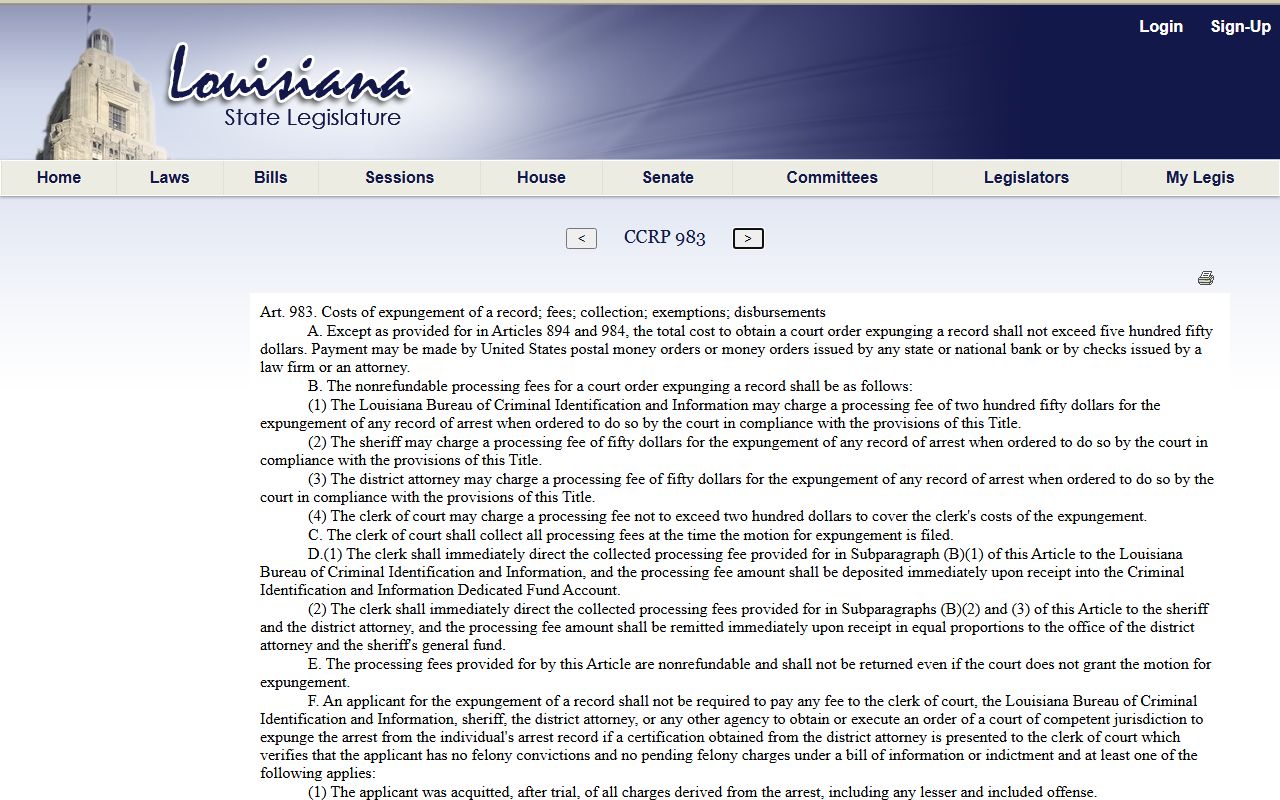 West Feliciana Parish criminal court records Louisiana expungement Article 983