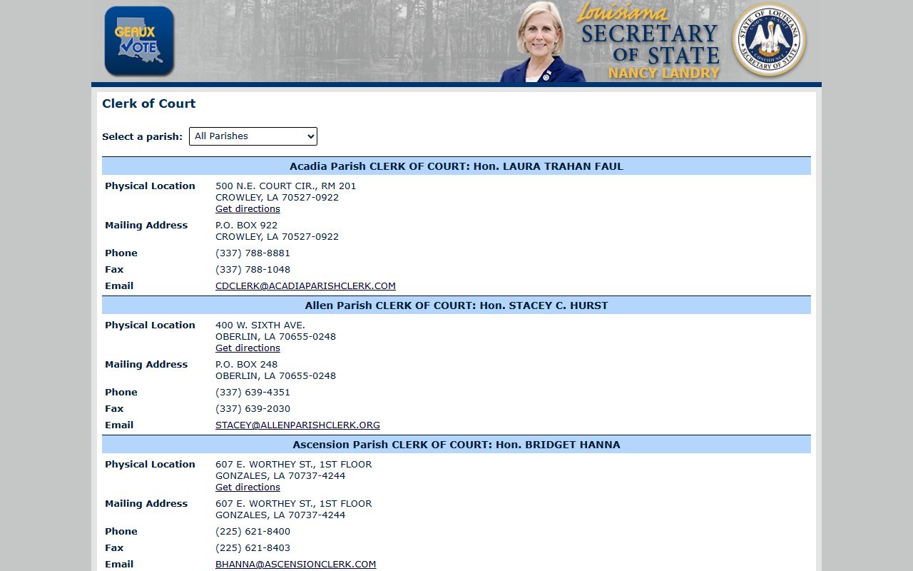 West Feliciana Parish Court records Secretary of State clerk directory
