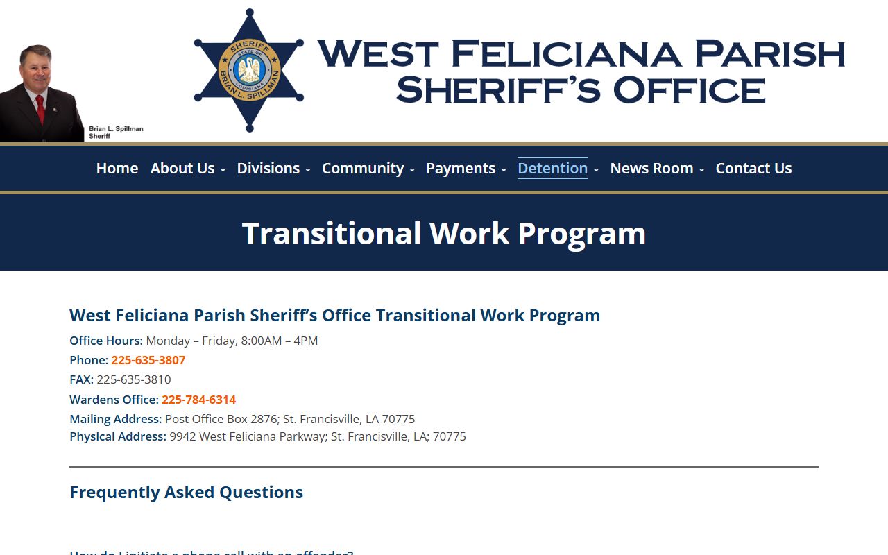 West Feliciana Parish inmate records transitional work program commissary
