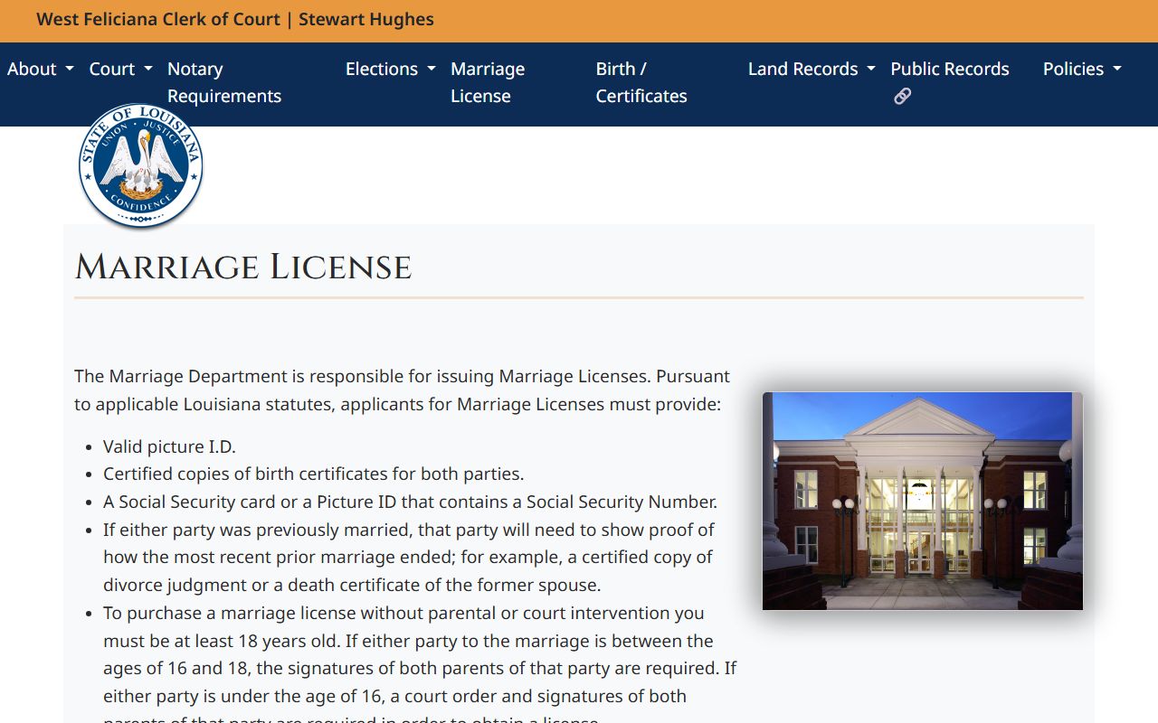 West Feliciana Parish marriage and divorce records marriage license requirements