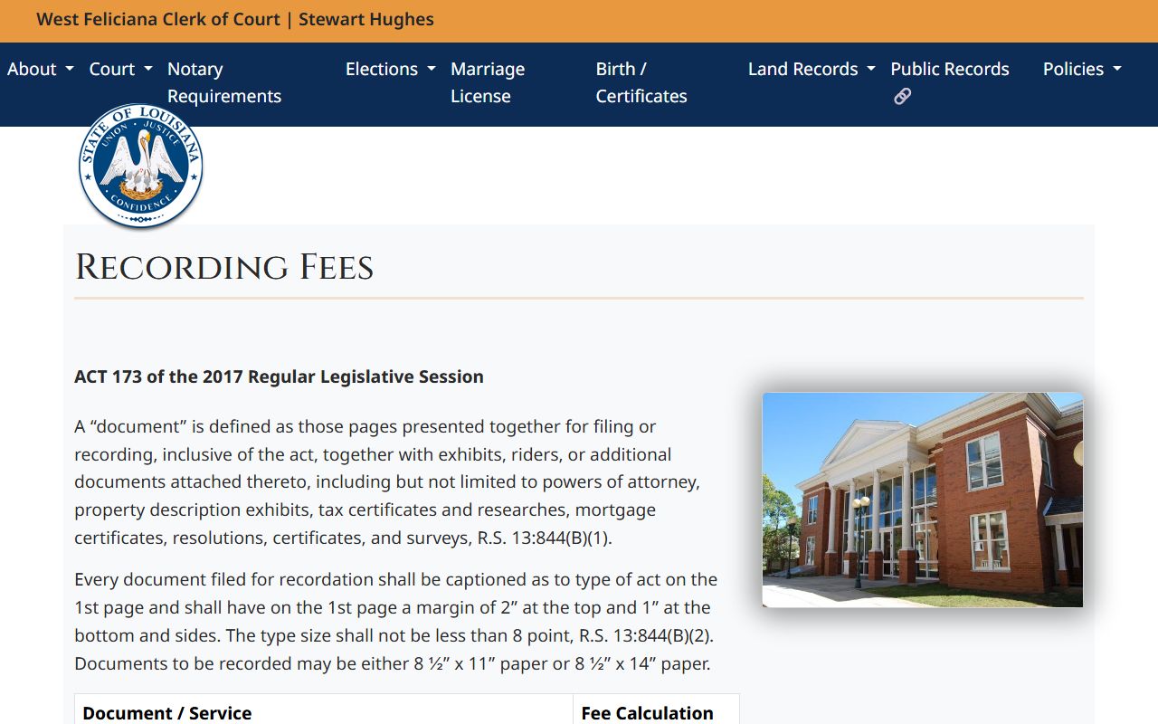 West Feliciana Parish marriage and divorce records certified copy and recording fees