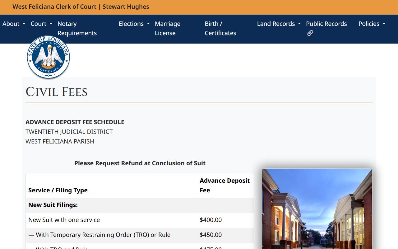 West Feliciana Parish probate records Clerk civil succession fees